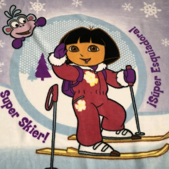 Vtg Dora the Explorer Super Skier! Warm Fleece Throw Blanket Nick Jr. 50" X 60" - Picture 3 of 7